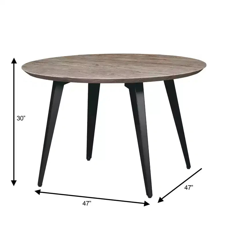 47-inch Round Wood Dining Table, 4 Person, Modern Black Metal Tapered Legs