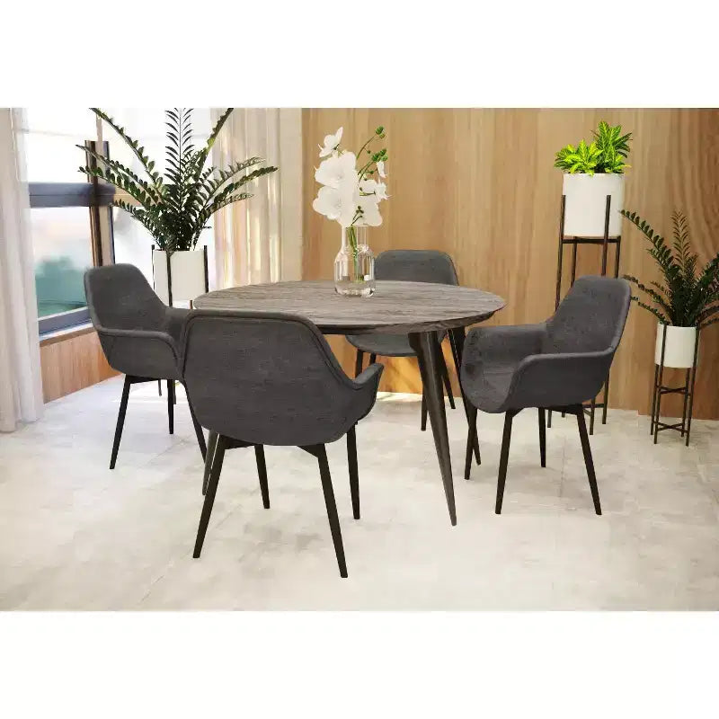 47-inch Round Wood Dining Table, 4 Person, Modern Black Metal Tapered Legs