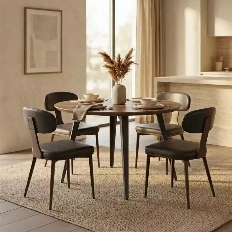47-inch Round Wood Dining Table, 4 Person, Modern Black Metal Tapered Legs