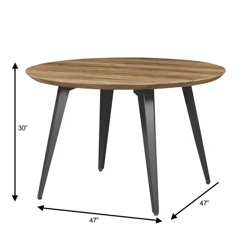 47-inch Round Wood Dining Table, 4 Person, Modern Black Metal Tapered Legs