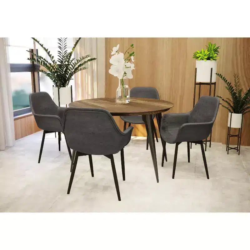 47-inch Round Wood Dining Table, 4 Person, Modern Black Metal Tapered Legs