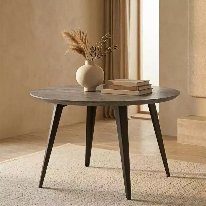 47-inch Round Wood Dining Table, 4 Person, Modern Black Metal Tapered Legs