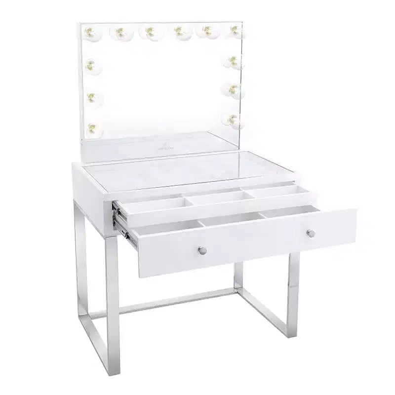 Makeup Vanity Table with Glass Top and Crystal Knobs