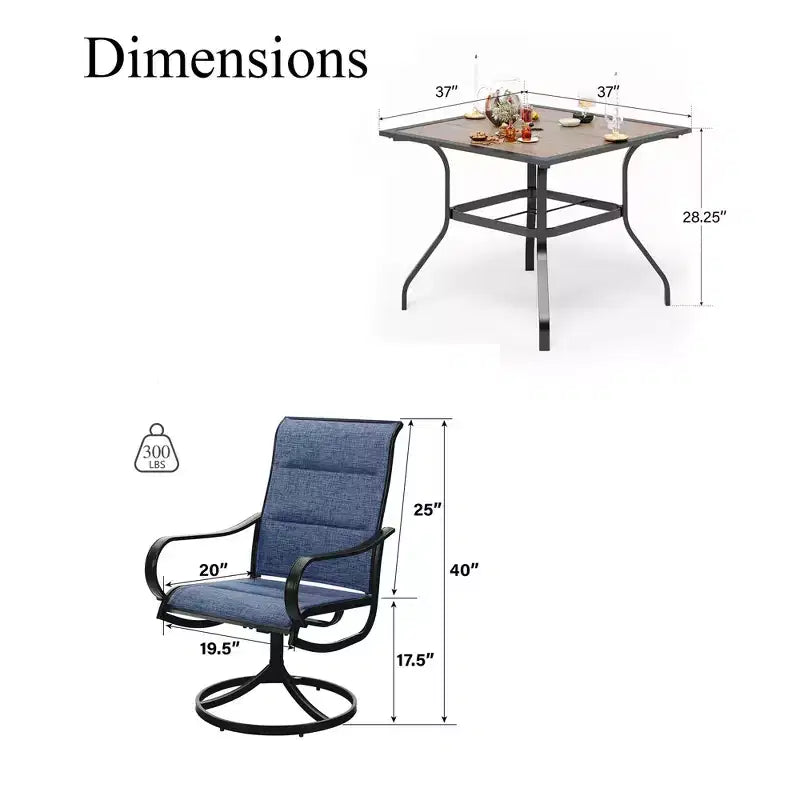 Captiva Designs - Ensemble de salle à manger d'extérieur 5 pièces avec table carrée effet bois, trou pour parasol et chaises pivotantes en textilène