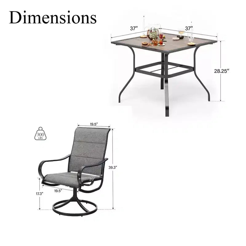 Captiva Designs - Ensemble de salle à manger d'extérieur 5 pièces avec table carrée effet bois, trou pour parasol et chaises pivotantes en textilène
