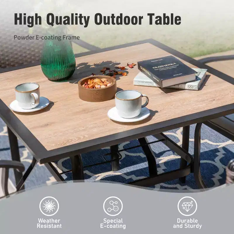 Captiva Designs - Ensemble de salle à manger d'extérieur 5 pièces avec table carrée effet bois, trou pour parasol et chaises pivotantes en textilène