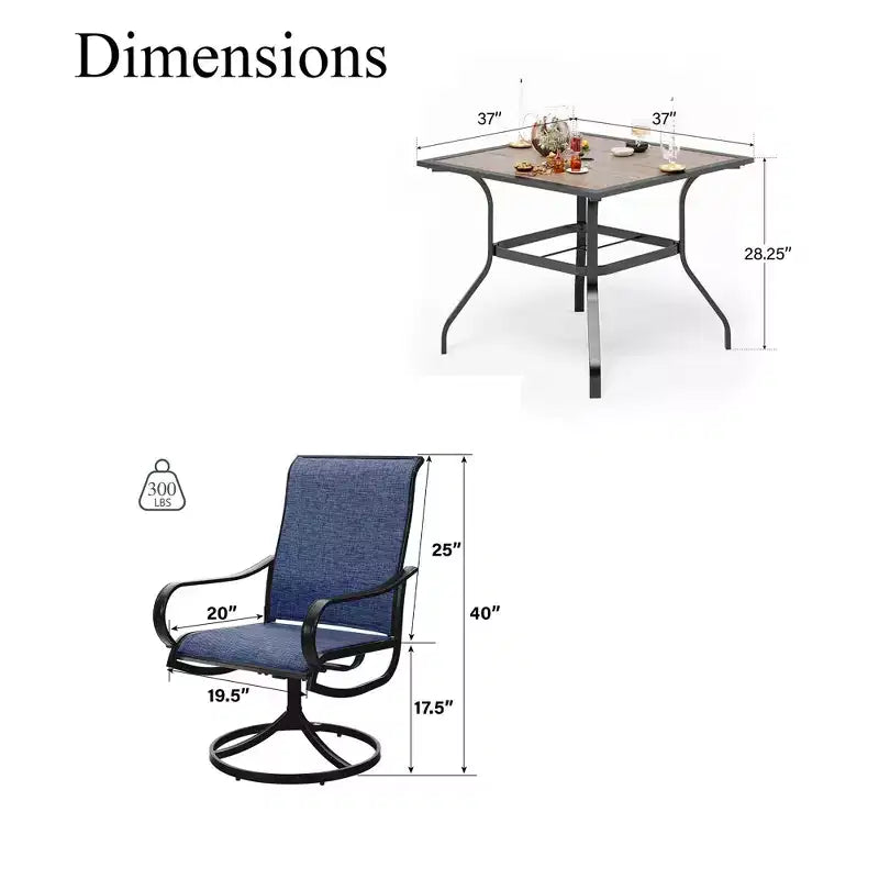 Captiva Designs - Ensemble de salle à manger d'extérieur 5 pièces avec table carrée effet bois, trou pour parasol et chaises pivotantes en textilène