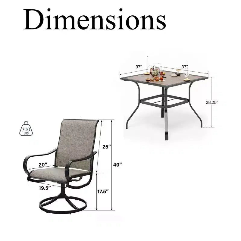 Captiva Designs - Ensemble de salle à manger d'extérieur 5 pièces avec table carrée effet bois, trou pour parasol et chaises pivotantes en textilène