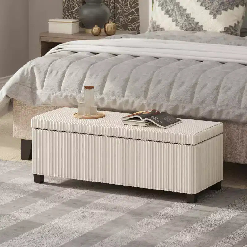 44" Storage Ottoman Bench, Corduroy End of Bed Foot Rest with Lid, Legs, Storage Chest for Living Room, Bedroom, Entryway, Beige