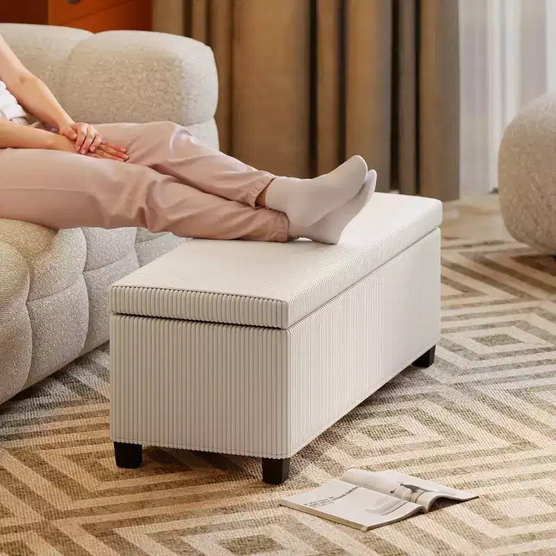 44" Storage Ottoman Bench, Corduroy End of Bed Foot Rest with Lid, Legs, Storage Chest for Living Room, Bedroom, Entryway, Beige
