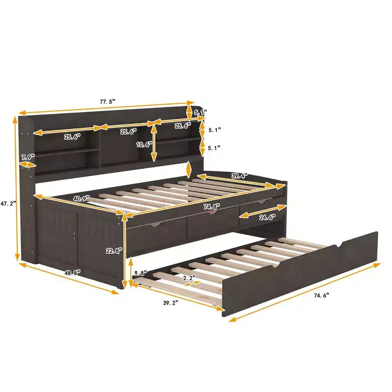 Twin/Full Size Wooden Captain Bed with Built-in Bookshelves, Three Storage Drawers and Trundle