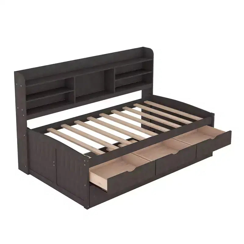 Twin/Full Size Wooden Captain Bed with Built-in Bookshelves, Three Storage Drawers and Trundle