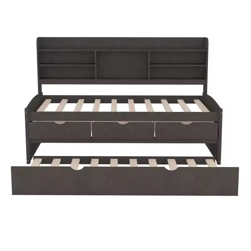 Twin/Full Size Wooden Captain Bed with Built-in Bookshelves, Three Storage Drawers and Trundle