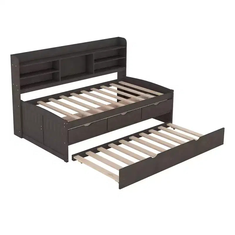 Twin/Full Size Wooden Captain Bed with Built-in Bookshelves, Three Storage Drawers and Trundle