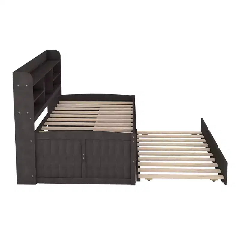 Twin/Full Size Wooden Captain Bed with Built-in Bookshelves, Three Storage Drawers and Trundle
