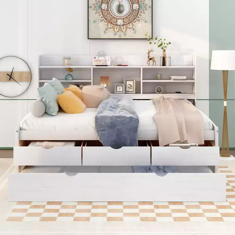 Twin/Full Size Wooden Captain Bed with Built-in Bookshelves, Three Storage Drawers and Trundle
