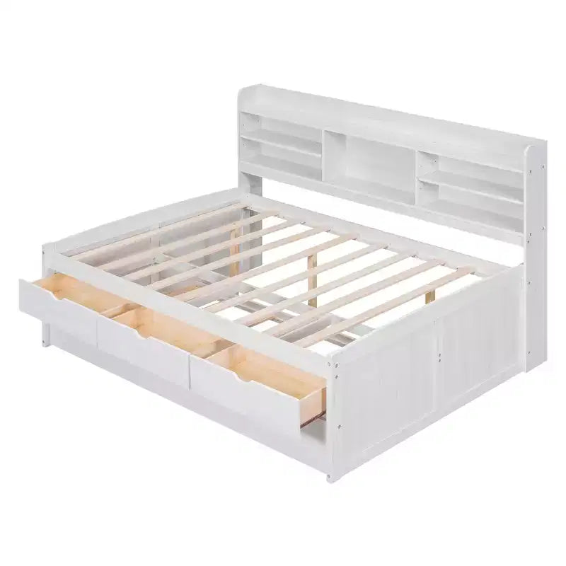 Twin/Full Size Wooden Captain Bed with Built-in Bookshelves, Three Storage Drawers and Trundle