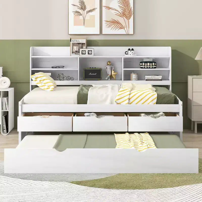 Twin/Full Size Wooden Captain Bed with Built-in Bookshelves, Three Storage Drawers and Trundle