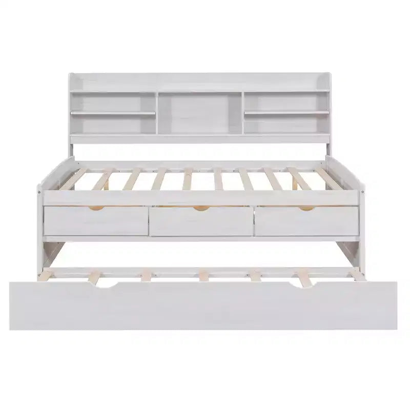 Twin/Full Size Wooden Captain Bed with Built-in Bookshelves, Three Storage Drawers and Trundle