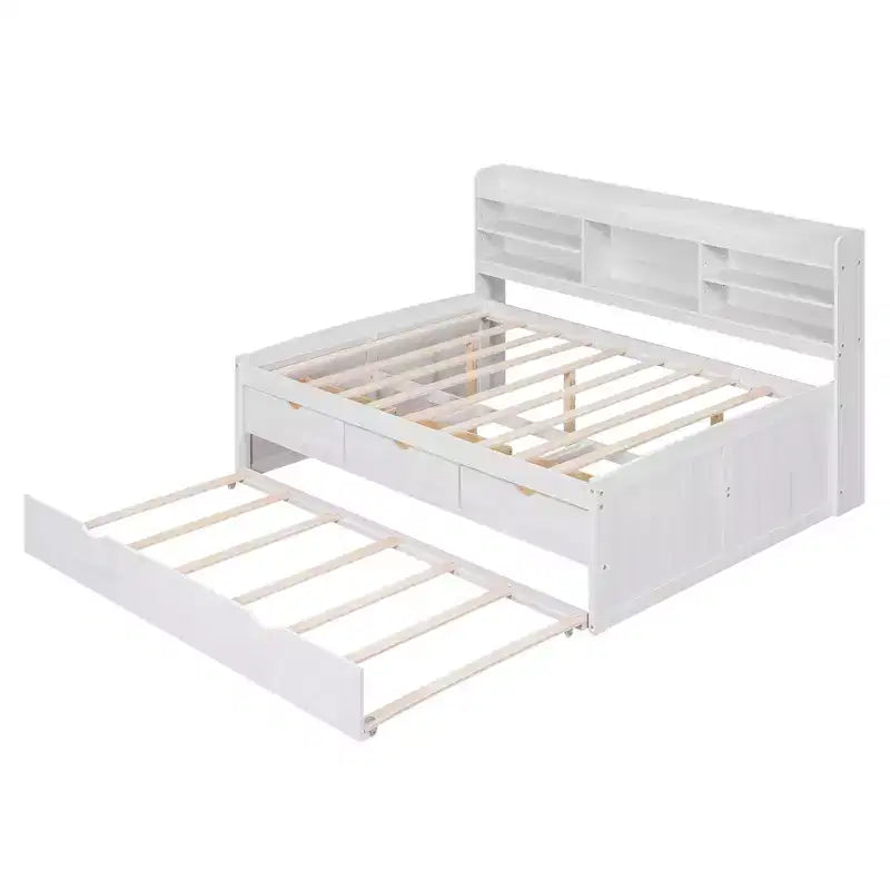 Twin/Full Size Wooden Captain Bed with Built-in Bookshelves, Three Storage Drawers and Trundle
