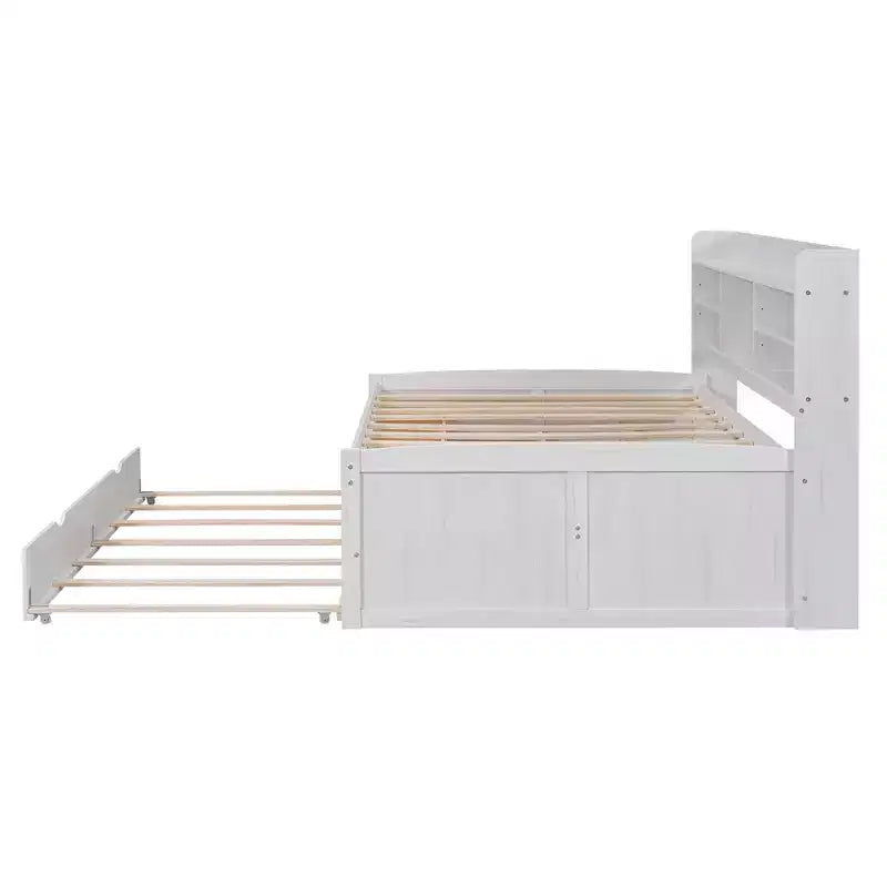 Twin/Full Size Wooden Captain Bed with Built-in Bookshelves, Three Storage Drawers and Trundle