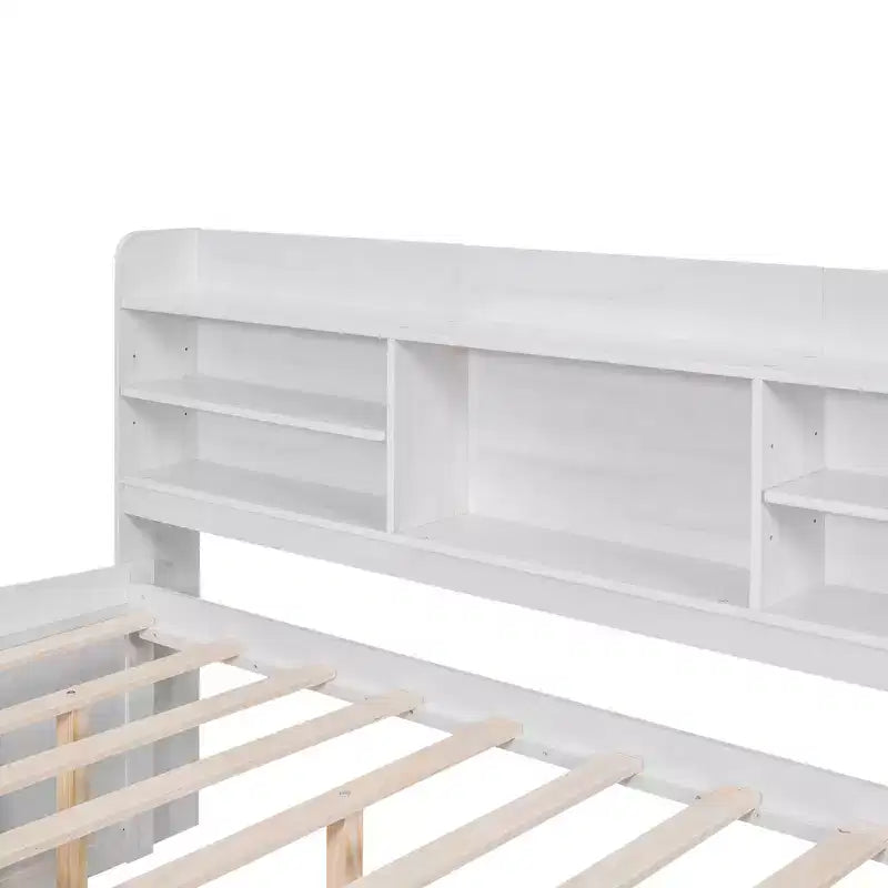 Twin/Full Size Wooden Captain Bed with Built-in Bookshelves, Three Storage Drawers and Trundle