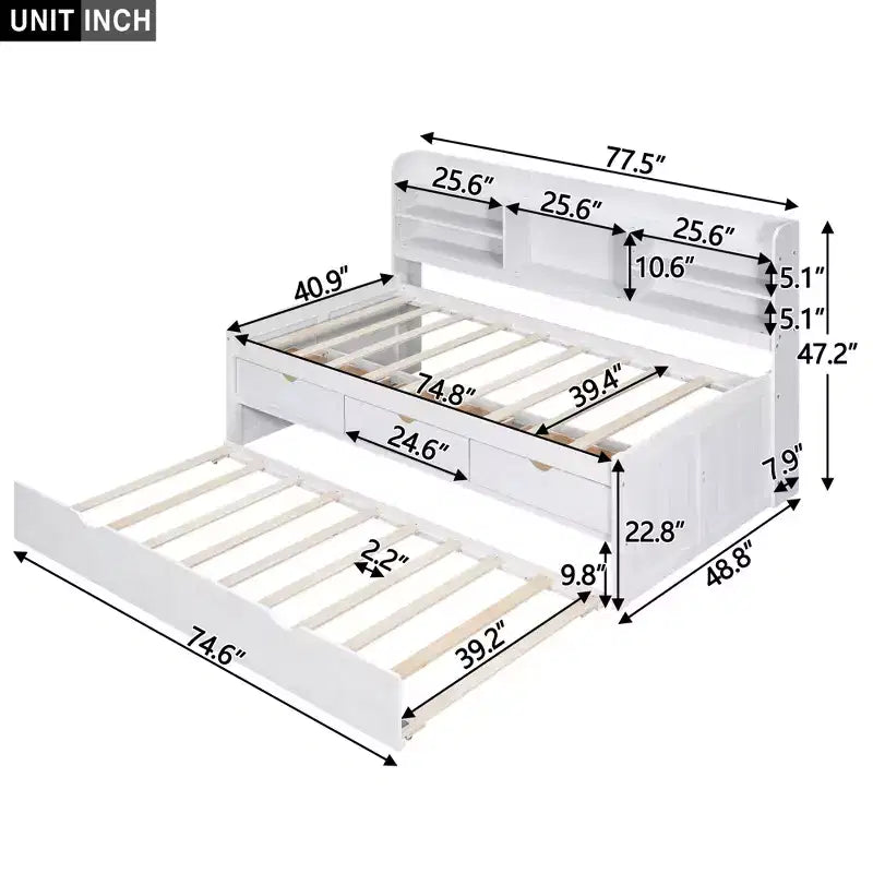 Twin/Full Size Wooden Captain Bed with Built-in Bookshelves, Three Storage Drawers and Trundle