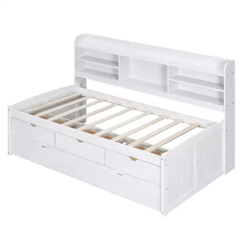 Twin/Full Size Wooden Captain Bed with Built-in Bookshelves, Three Storage Drawers and Trundle