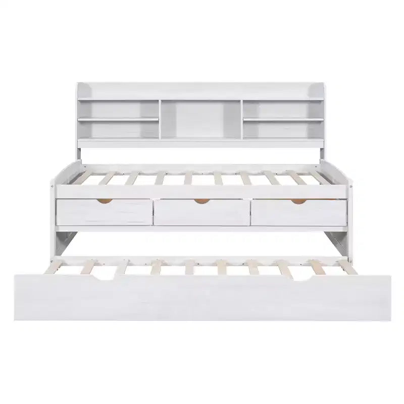 Twin/Full Size Wooden Captain Bed with Built-in Bookshelves, Three Storage Drawers and Trundle