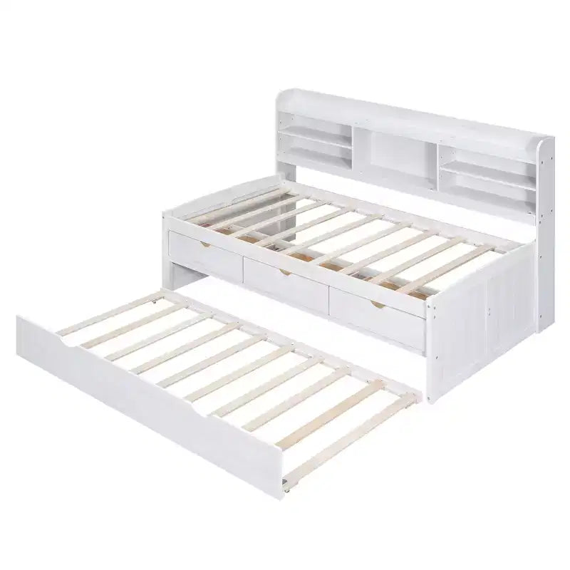 Twin/Full Size Wooden Captain Bed with Built-in Bookshelves, Three Storage Drawers and Trundle