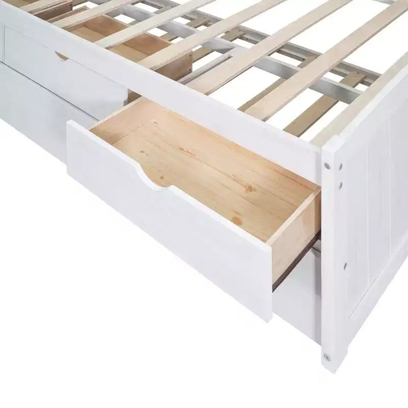 Twin/Full Size Wooden Captain Bed with Built-in Bookshelves, Three Storage Drawers and Trundle