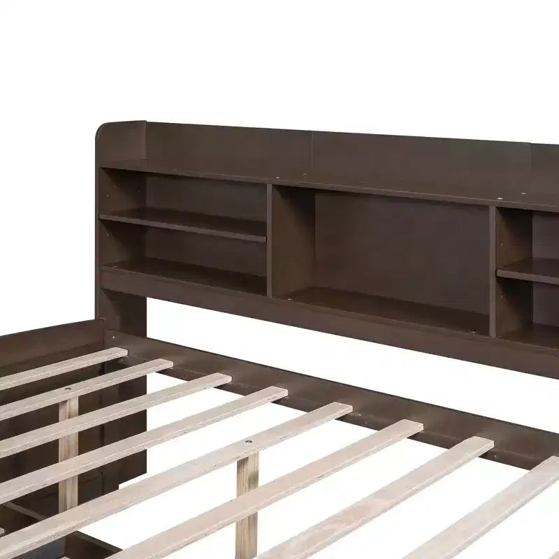 Twin/Full Size Wooden Captain Bed with Built-in Bookshelves, Three Storage Drawers and Trundle