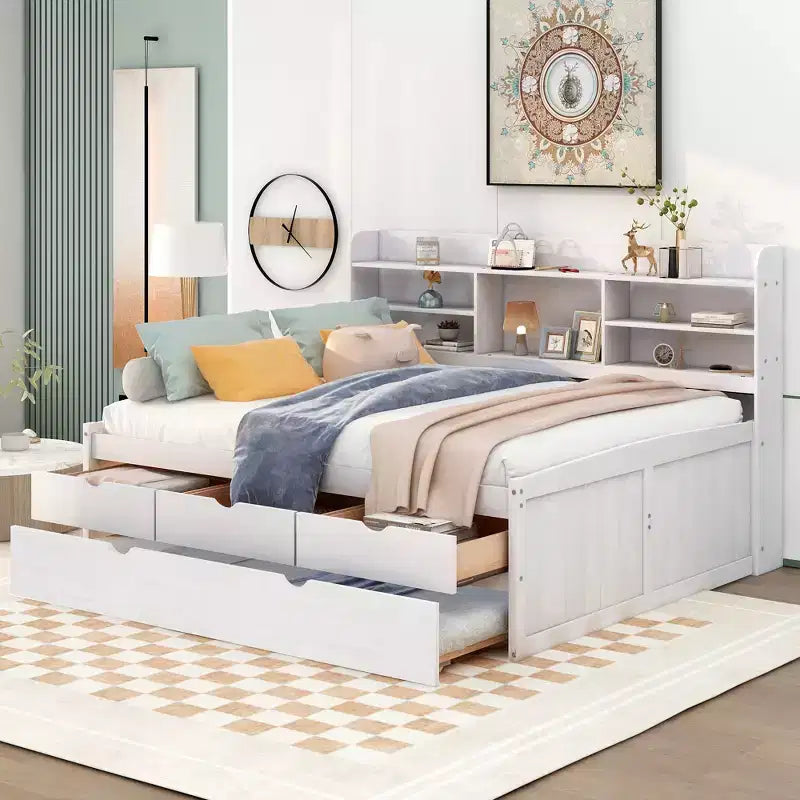 Twin/Full Size Wooden Captain Bed with Built-in Bookshelves, Three Storage Drawers and Trundle