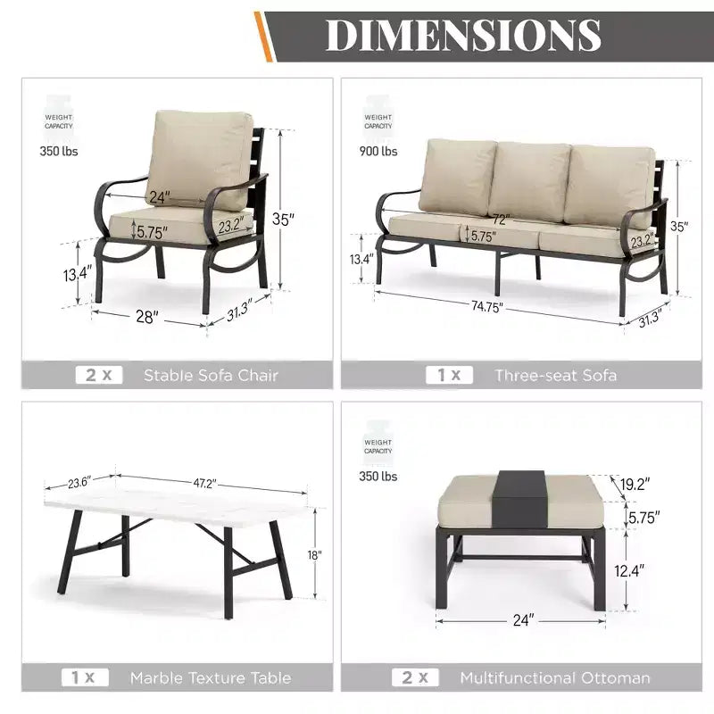 Captiva Designs Ensemble de conversation 6 pièces en métal avec fauteuils et poufs pour jardin, patio, arrière-cour