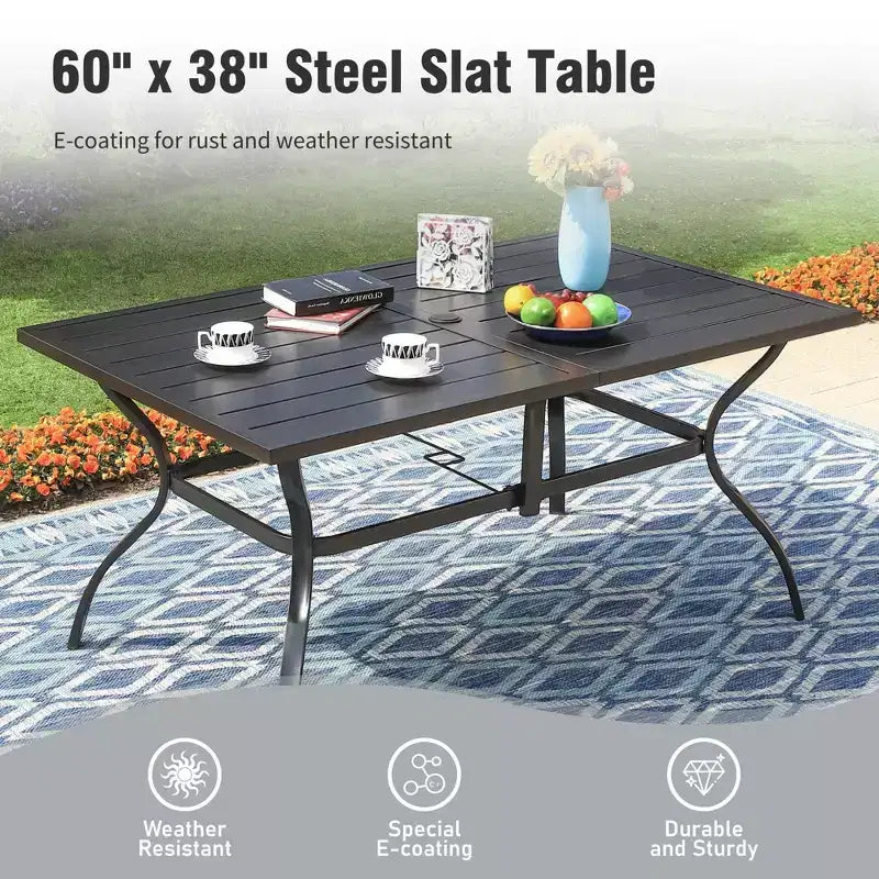 Captiva Designs Ensemble de salle à manger de jardin 8 pièces avec table rectangulaire en acier, chaises en acier noir et parasol beige