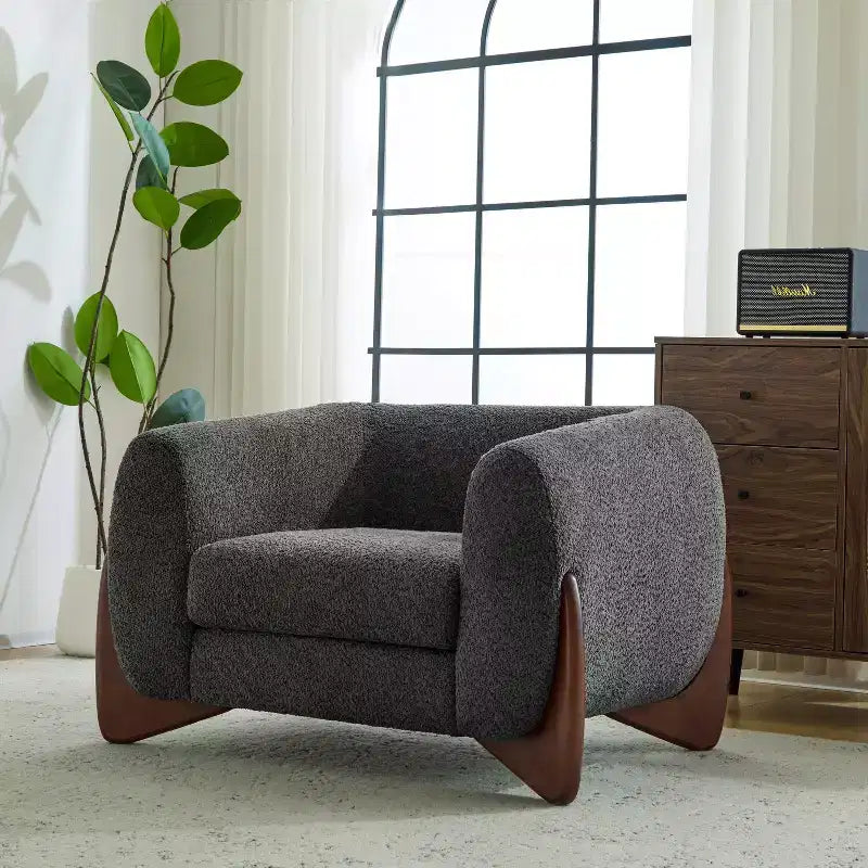 Birch Wood Boucle Upholstered Club Chair