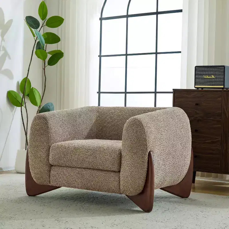 Birch Wood Boucle Upholstered Club Chair