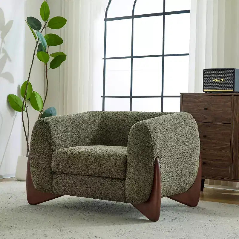 Birch Wood Boucle Upholstered Club Chair