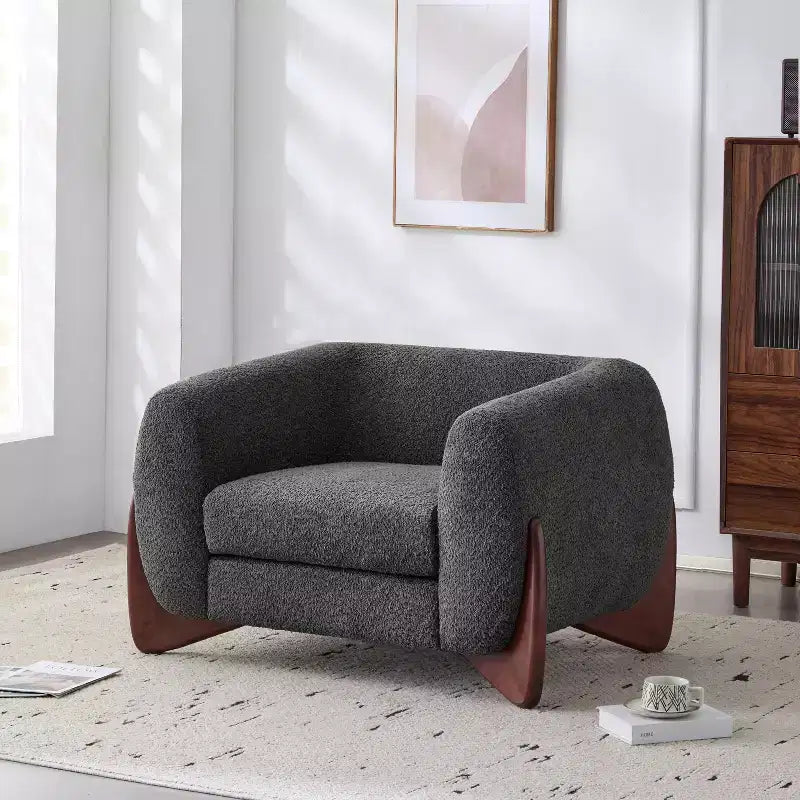 Birch Wood Boucle Upholstered Club Chair