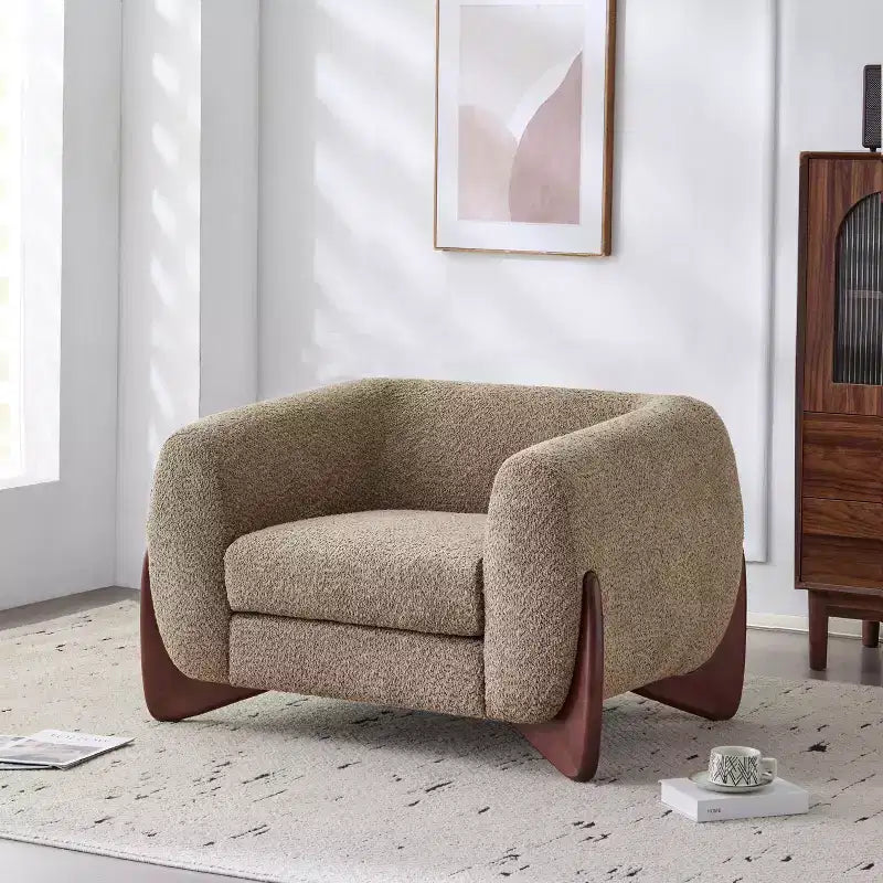 Birch Wood Boucle Upholstered Club Chair