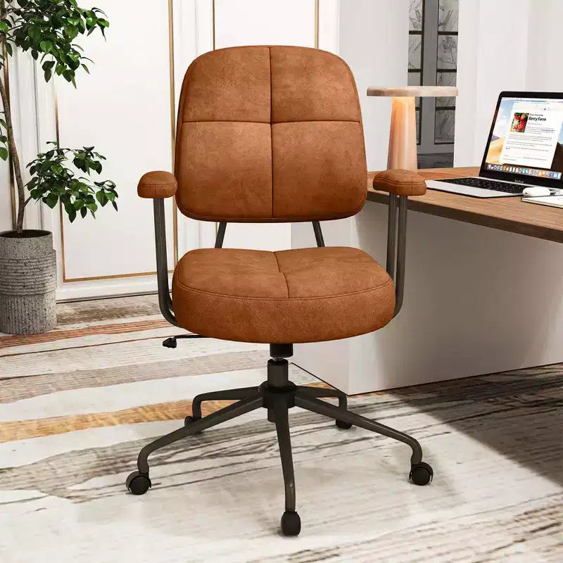 Home Office Chair, Leathaire Upholstered Task Chair with Cushioned Back & Armrests, Brown/Beige
