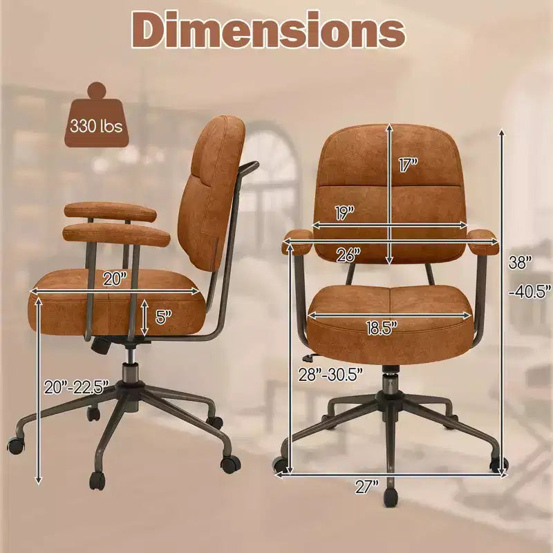 Home Office Chair, Leathaire Upholstered Task Chair with Cushioned Back & Armrests, Brown/Beige