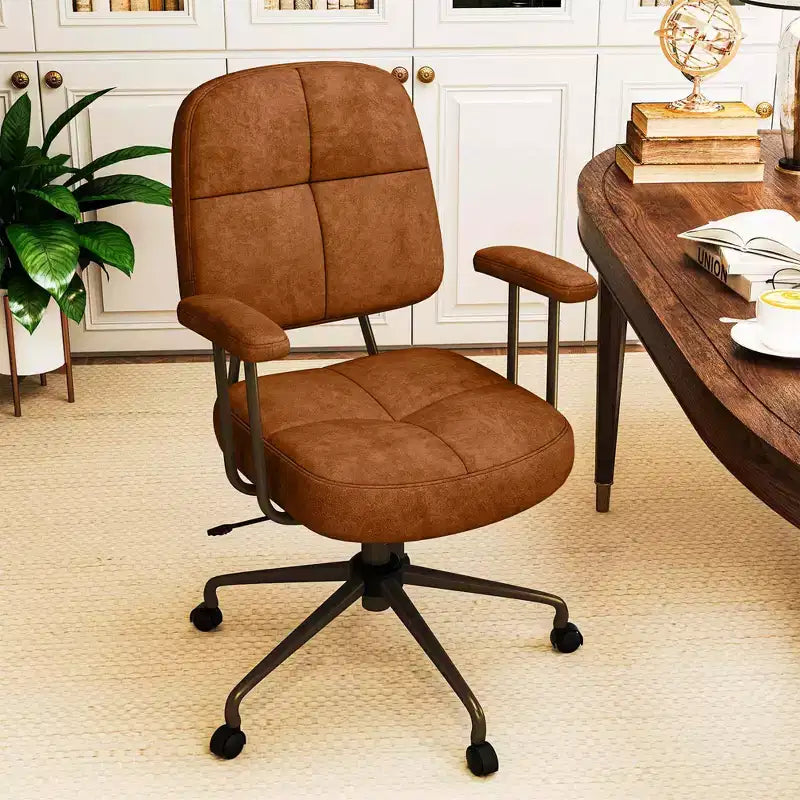 Home Office Chair, Leathaire Upholstered Task Chair with Cushioned Back & Armrests, Brown/Beige