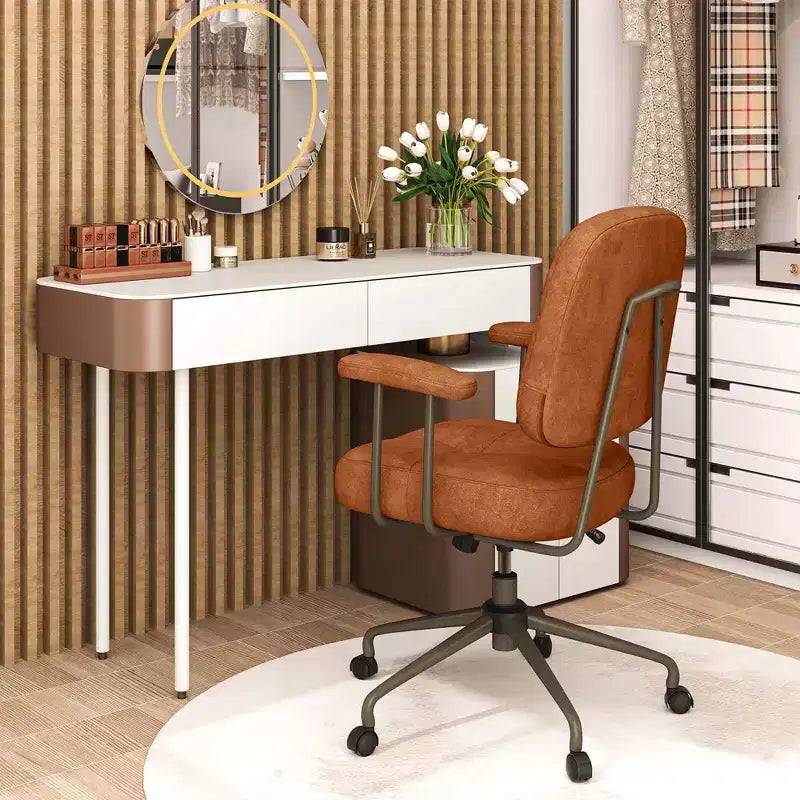Home Office Chair, Leathaire Upholstered Task Chair with Cushioned Back & Armrests, Brown/Beige