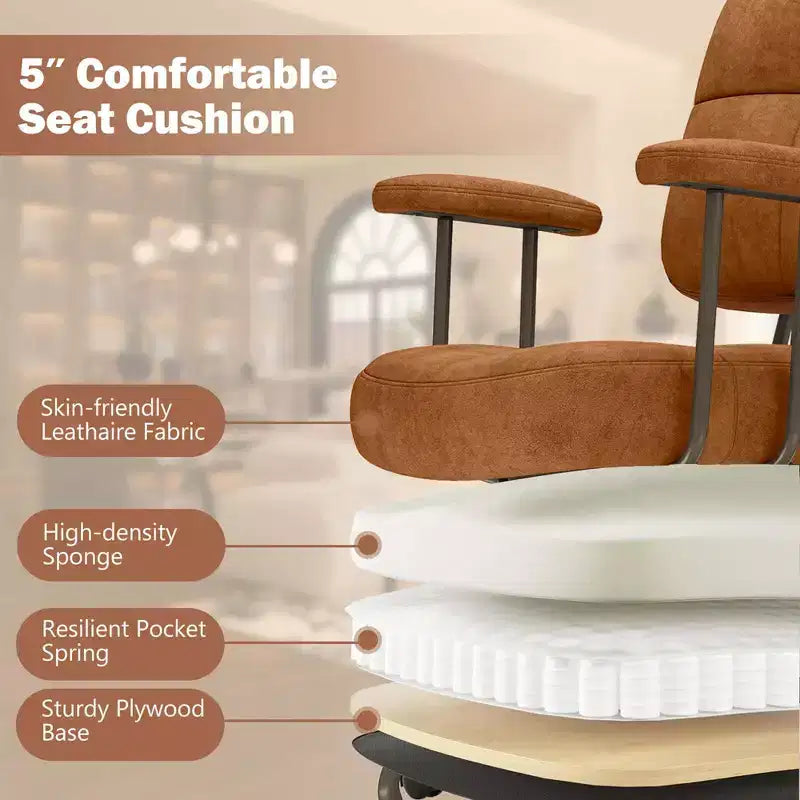 Home Office Chair, Leathaire Upholstered Task Chair with Cushioned Back & Armrests, Brown/Beige