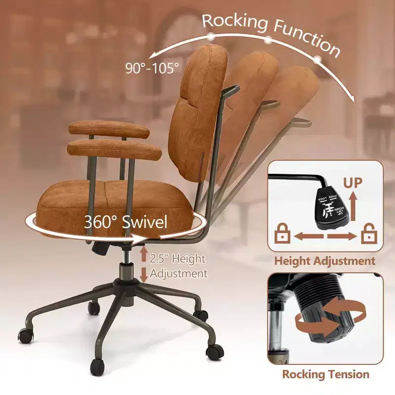 Home Office Chair, Leathaire Upholstered Task Chair with Cushioned Back & Armrests, Brown/Beige