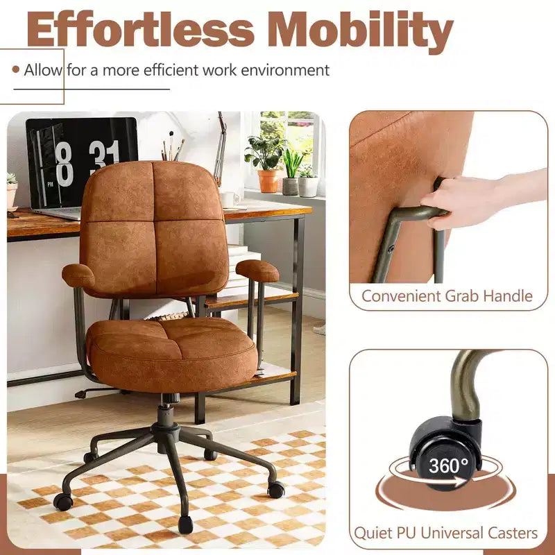 Home Office Chair, Leathaire Upholstered Task Chair with Cushioned Back & Armrests, Brown/Beige