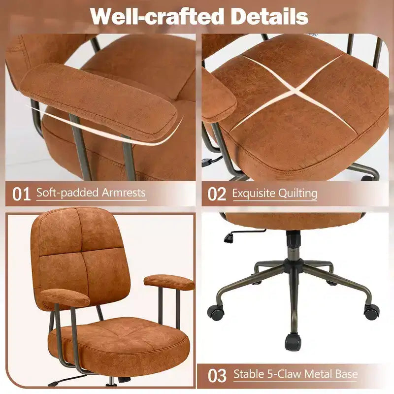 Home Office Chair, Leathaire Upholstered Task Chair with Cushioned Back & Armrests, Brown/Beige