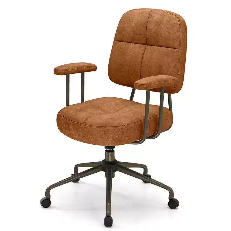 Home Office Chair, Leathaire Upholstered Task Chair with Cushioned Back & Armrests, Brown/Beige