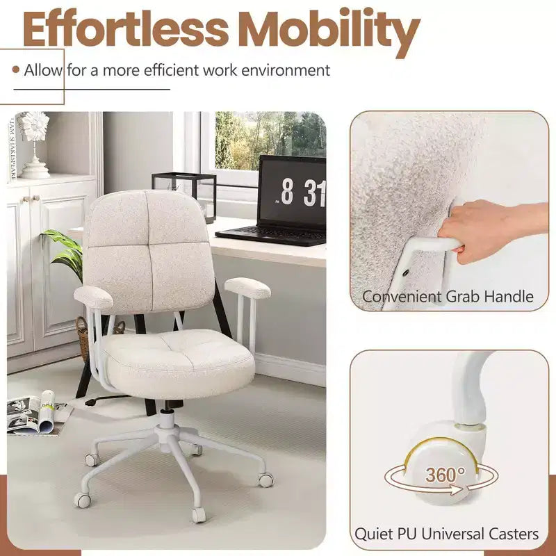 Home Office Chair, Leathaire Upholstered Task Chair with Cushioned Back & Armrests, Brown/Beige
